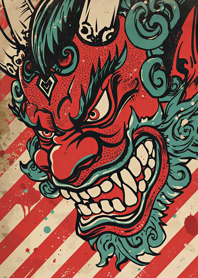 Japanese Oni Mask with Red and White Stripes