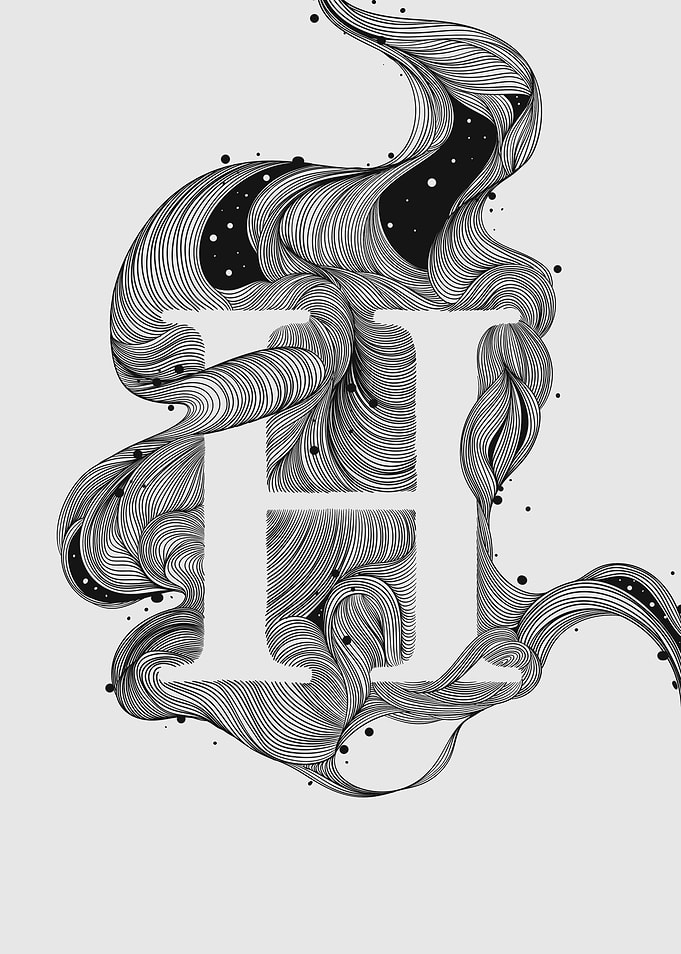 Abstract Letter H with Swirling Lines