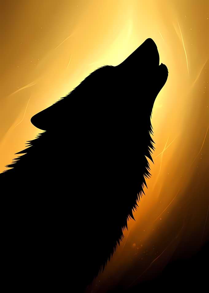 Silhouette of a wolf howling Golden as background