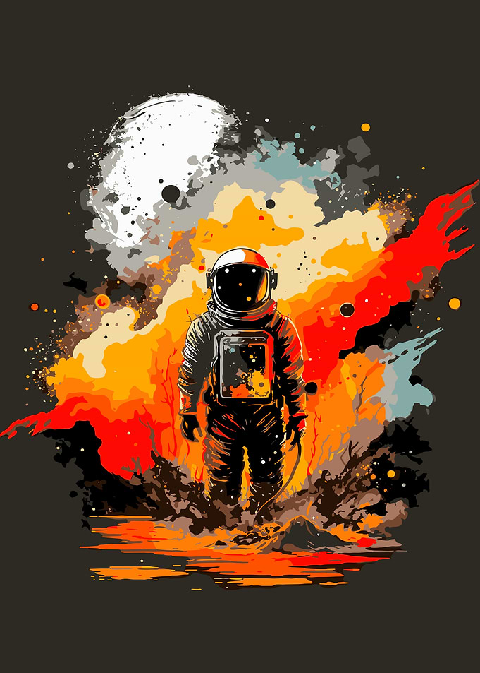 Astronaut in Fiery Cosmic Landscape