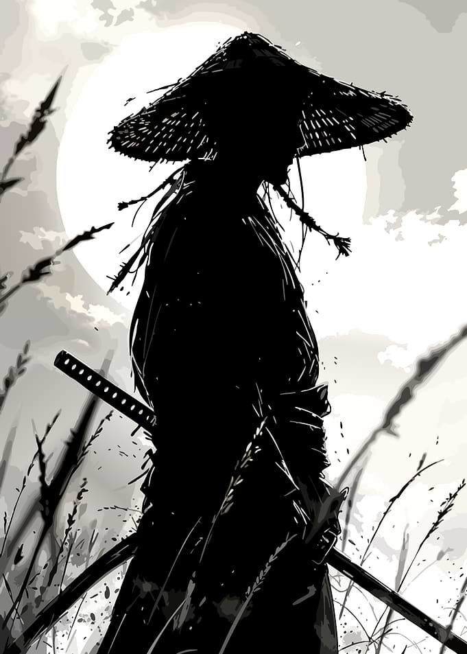 Samurai in a field at night