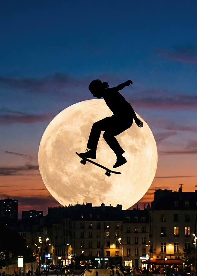 Skateboarder silhouetted against the moon