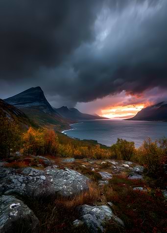 Dramatic Sunset Over Norwegian Fjord