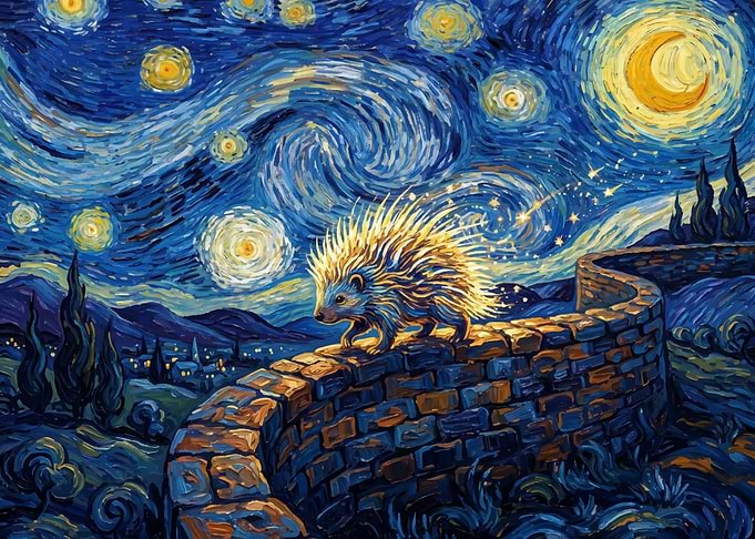 Hedgehog on Starry Night Wall