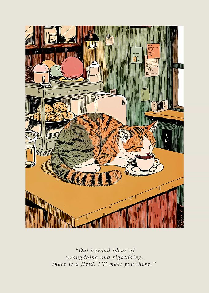 Cat drinking coffee in a cafe Japan
