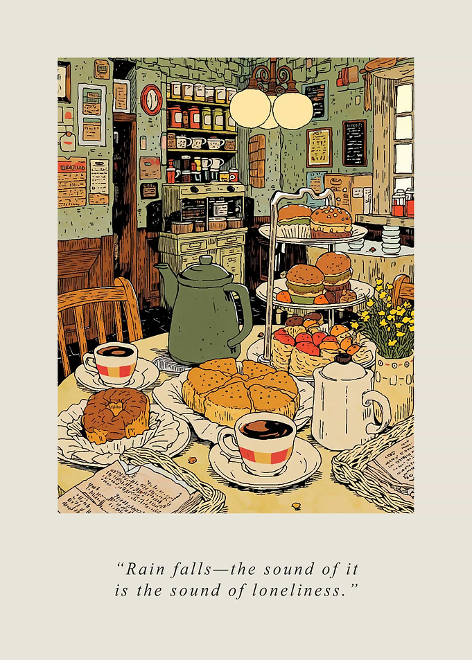Cozy cafe scene with tea and pastries