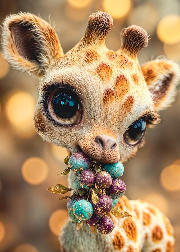 Cute Baby Giraffe Eating Colorful Berries