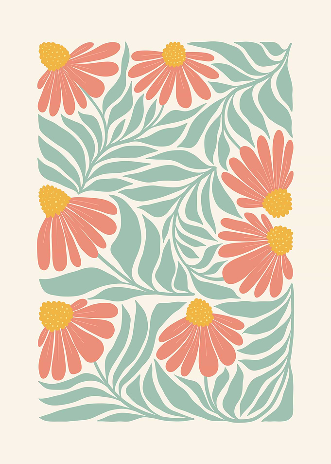 Coral Flowers and Green Leaves Pattern