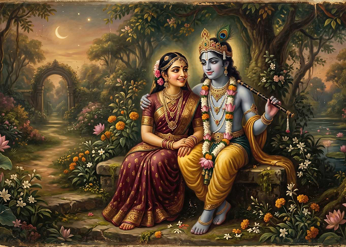 Lord Krishna and Radha in a Garden