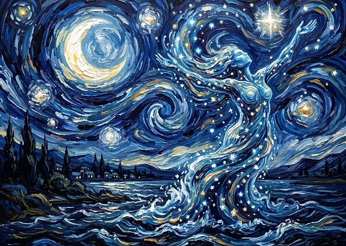 Celestial Woman Under Starry Night Sky
