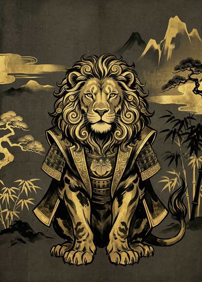 Samurai Lion with Japanese Landscape
