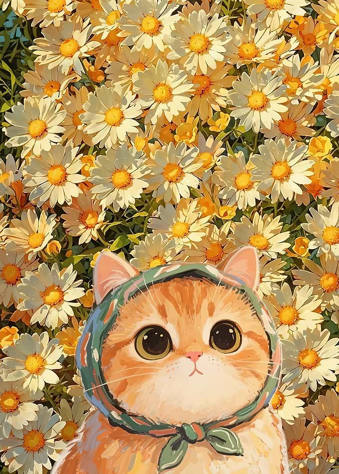 Cute Cat in a Field of Daisies