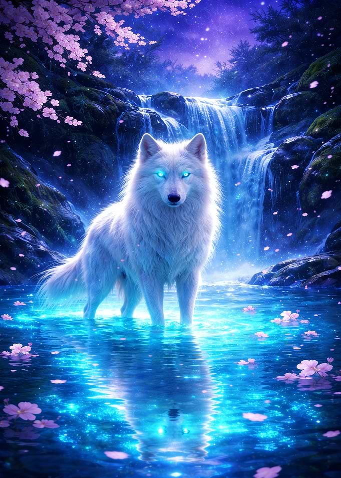 Mystical White Wolf by Waterfall