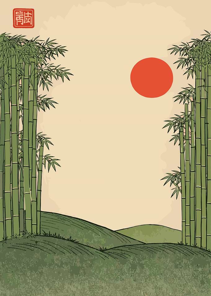 Bamboo Landscape Poster, Japanese Zen Wall Art, Tranquil East Asian Nature Print