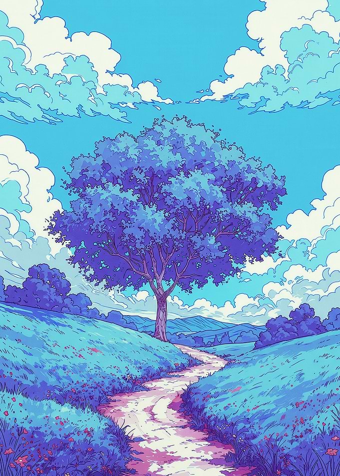 Serene Landscape with Blue Tree
