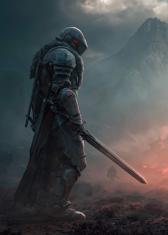 Knight in a Misty Mountain Landscape
