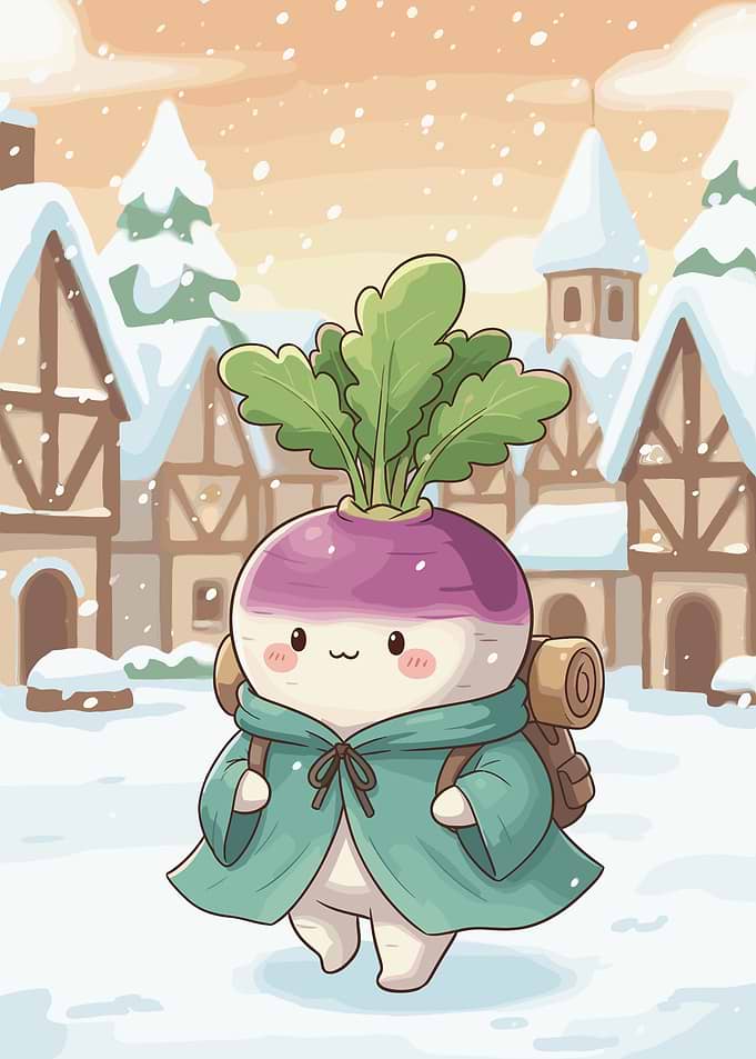 Cute Turnip Character in Snowy Village