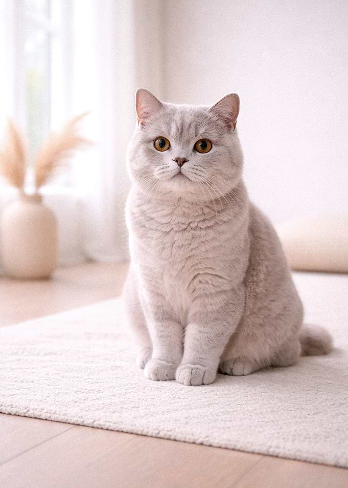 British Shorthair Cat Sitting on Rug
