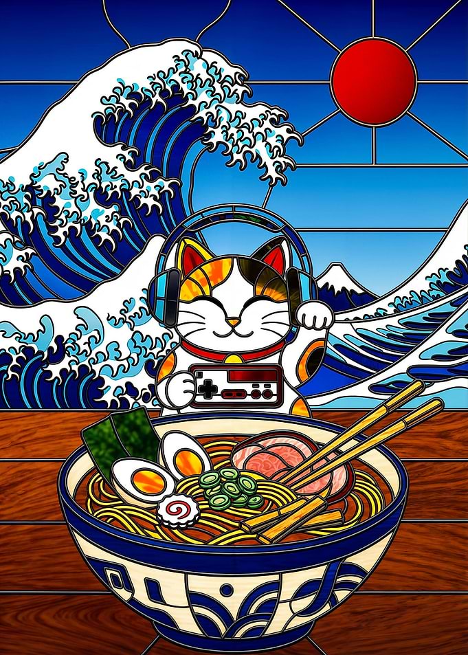 Gamer Cat with Ramen and Great Wave