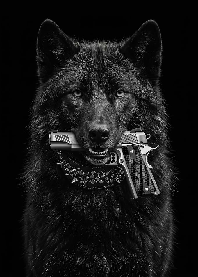 wild Black Wolf Holding a Gun poster