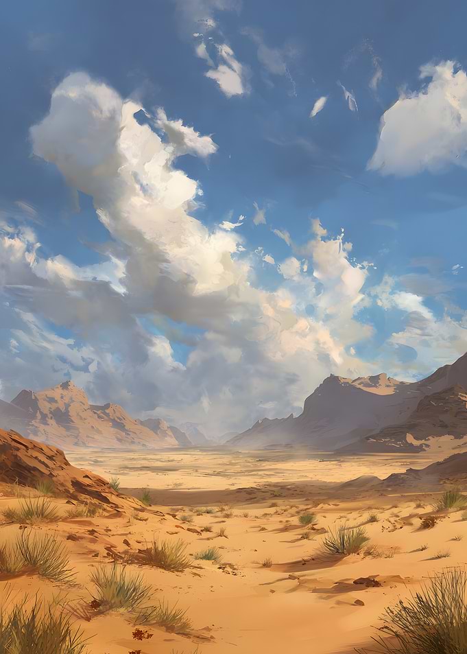 Desert Landscape with Mountains and Clouds
