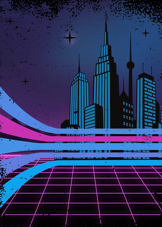 Retro Cityscape with Neon Grid 80s vibe