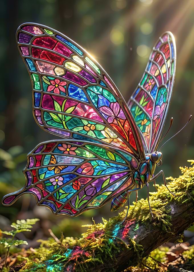 Stained Glass Butterfly on Mossy Branch