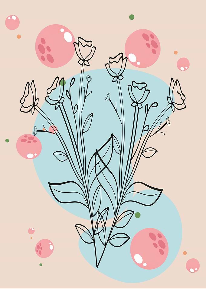 Floral illustration with pink bubbles
