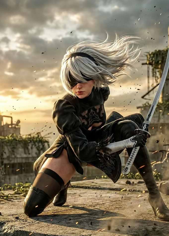2B with Sword in Ruined City