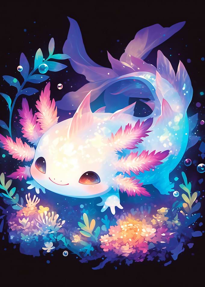 Cute Glowing Axolotl Underwater