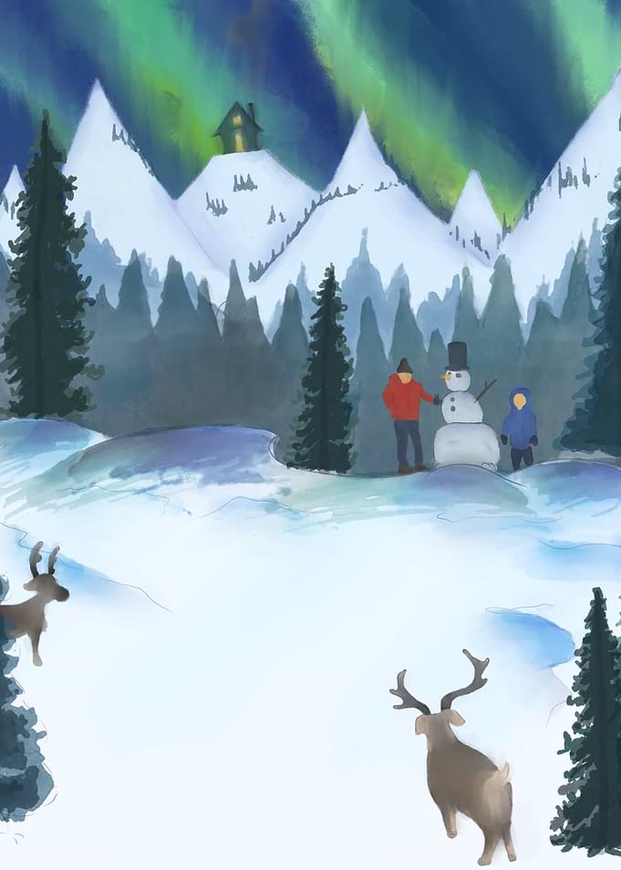 Winter Aurora Landscape with Family and Snowman
