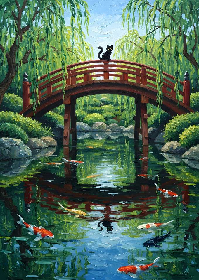 Black Cat on a Japanese Bridge with Koi Pond