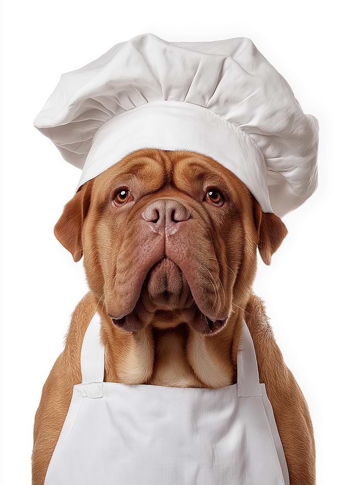Chef Dogues de Bordeaux wearing a chef hat and apron