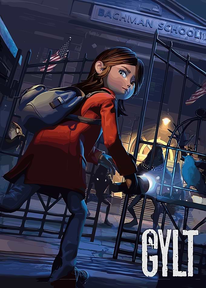 Girl with flashlight at spooky school