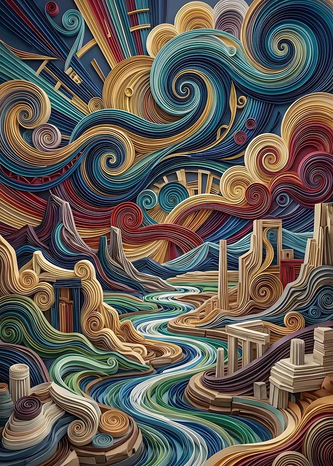Abstract Quilled Landscape with Swirling Elements
