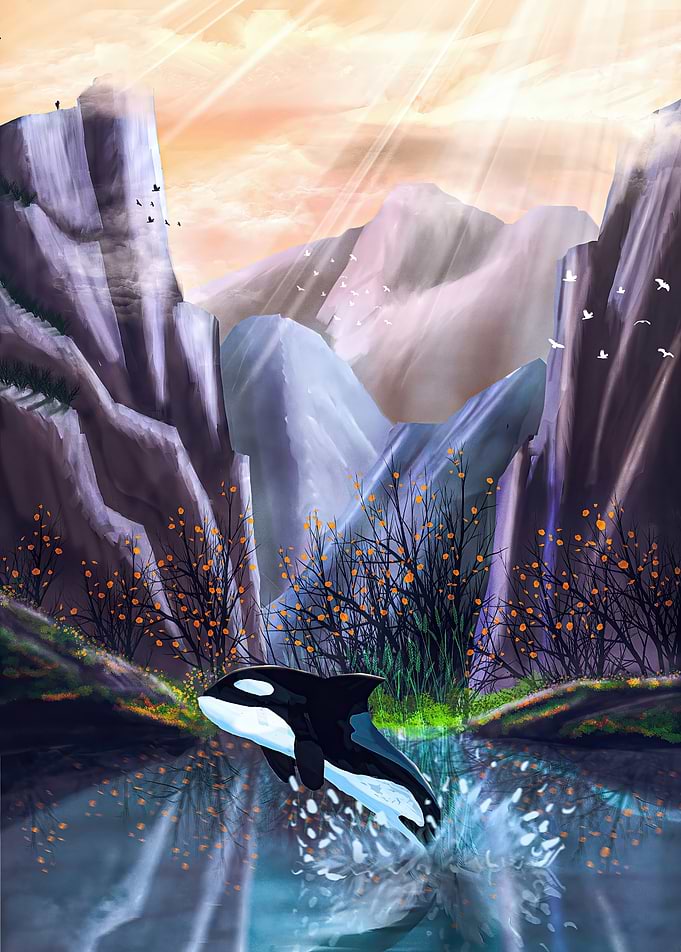 Orca Leaping from Water Amidst Mountains