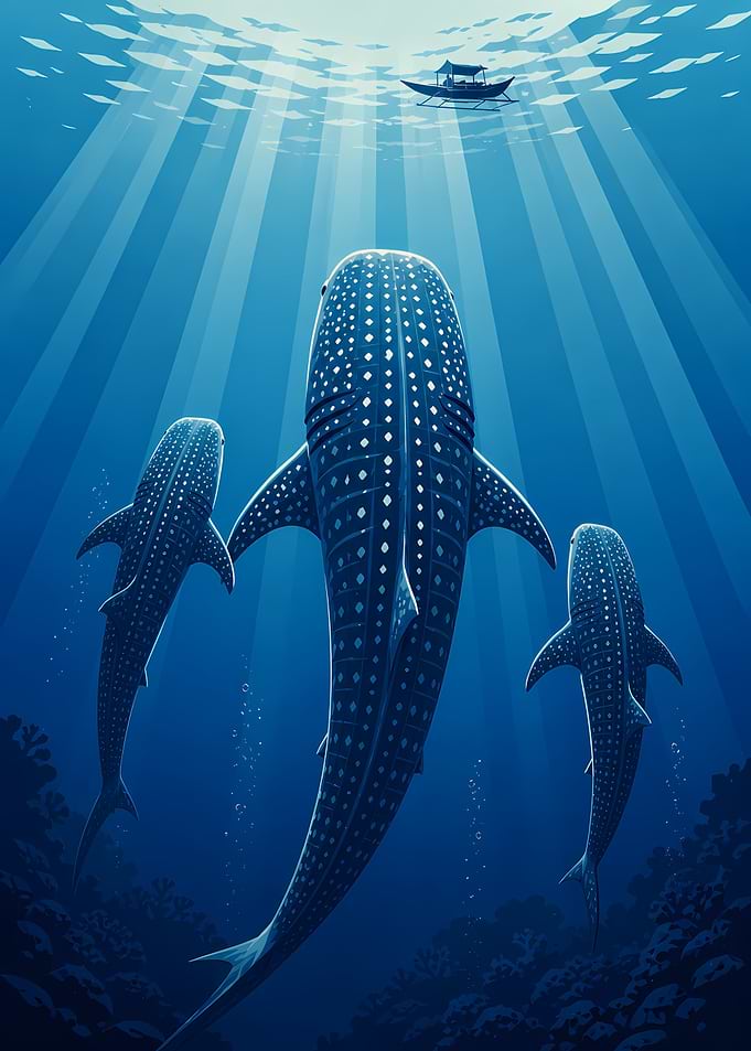 Whale Sharks and Boat In Saleh Bay