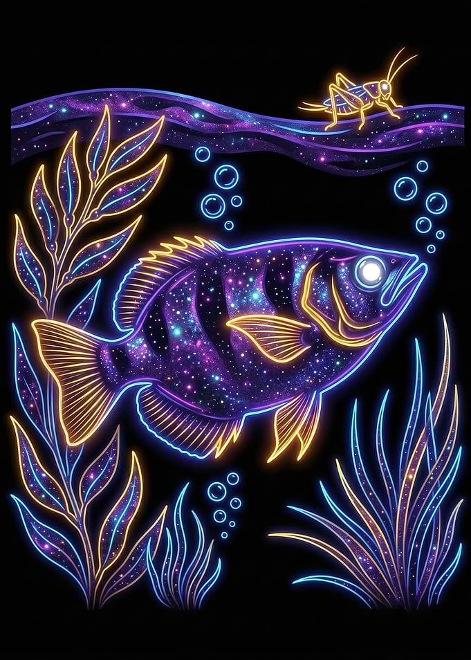 Neon Galaxy Fish and Grasshopper