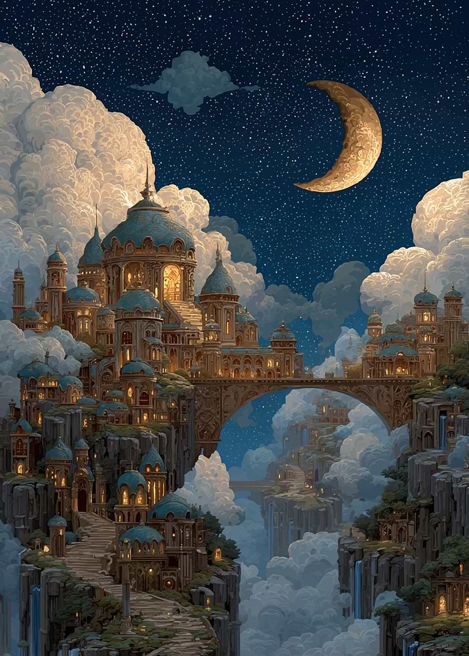 Fantasy Cityscape Under a Crescent Moon