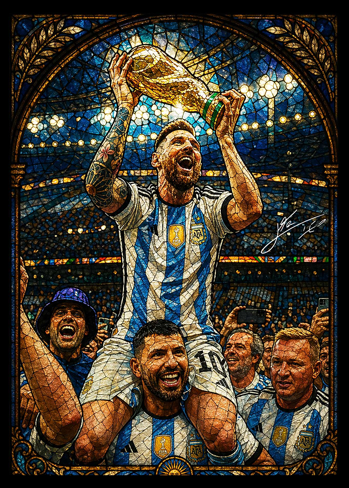 Messi lifts World Cup in stained glass style