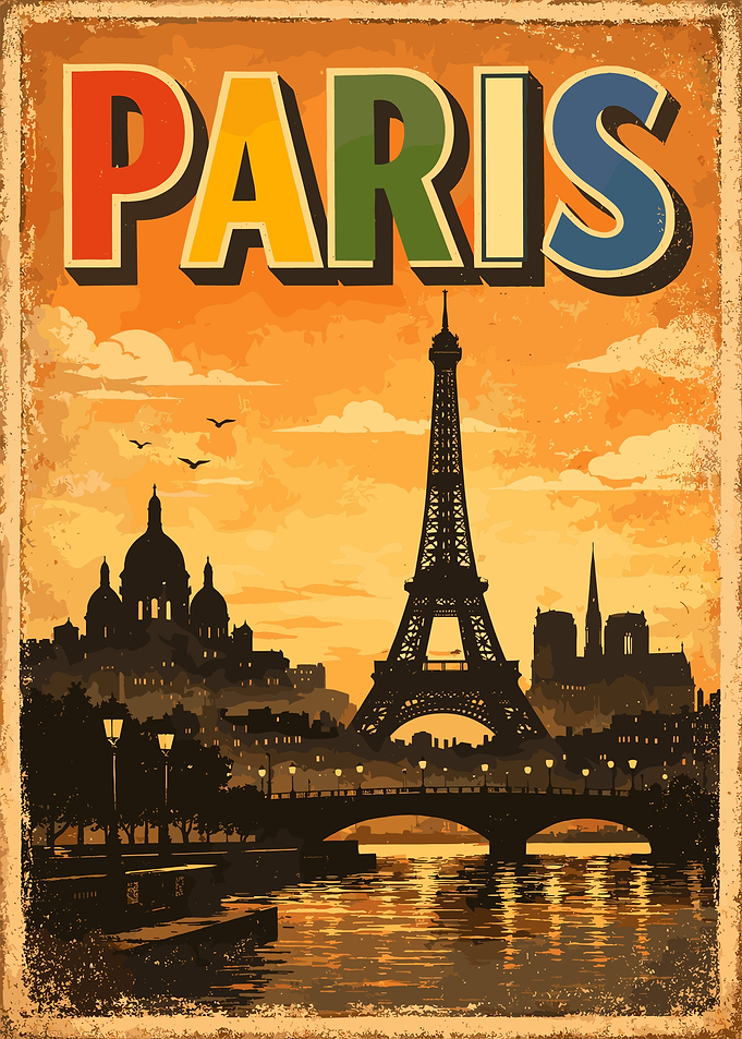 Vintage Paris Poster, Eiffel Tower Sunset Wall Art, Retro Travel Cityscape Print