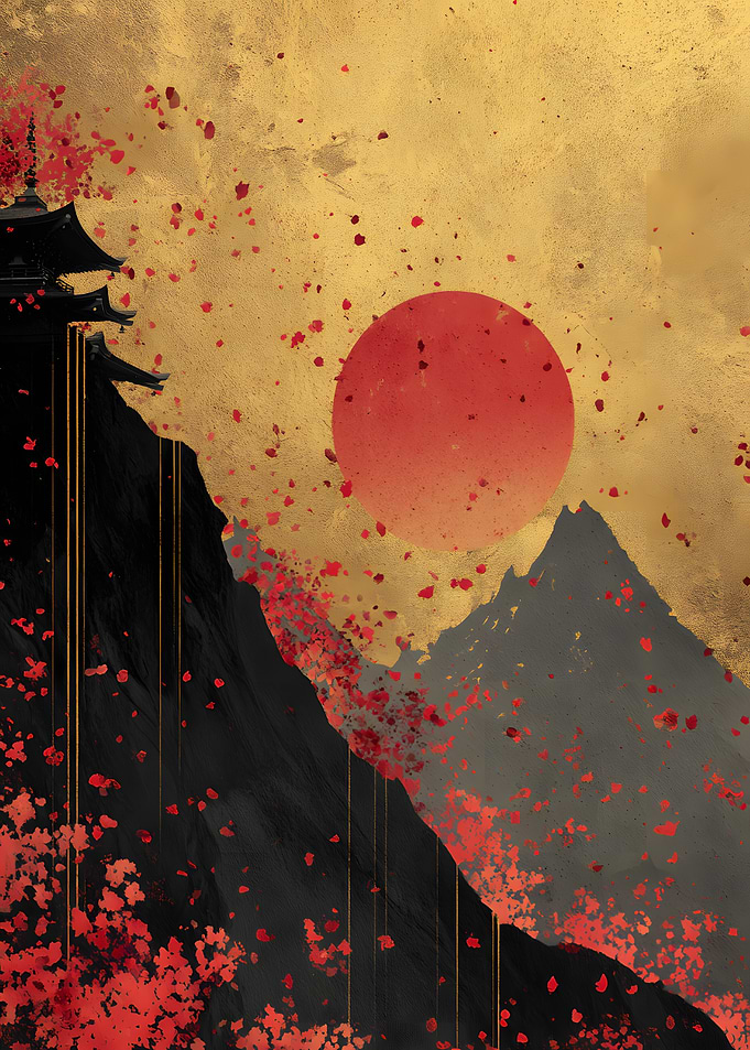 Japanese Temple with Cherry Blossoms and Sun