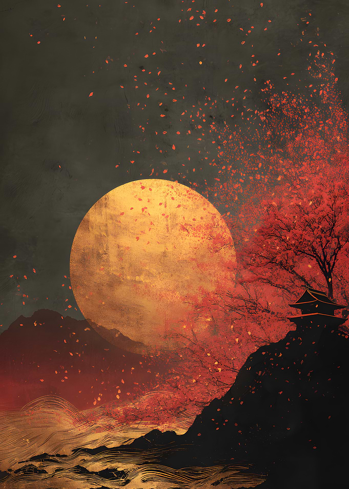 Japanese Landscape with Full Moon