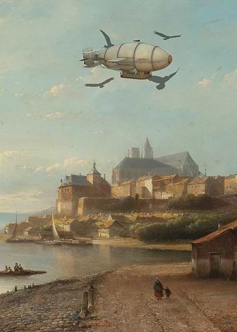 Steampunk Airship Over Historic Cityscape