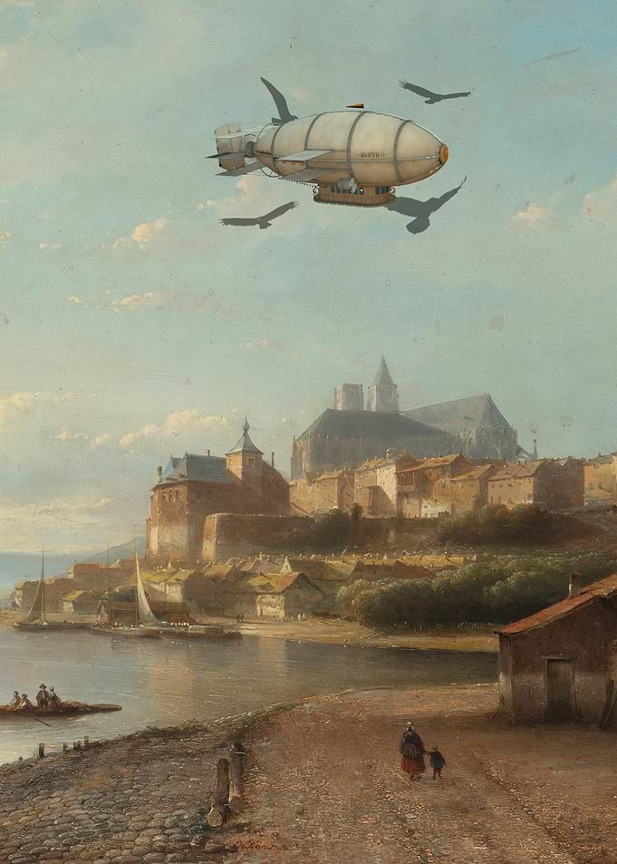 Steampunk Airship Over Historic Cityscape