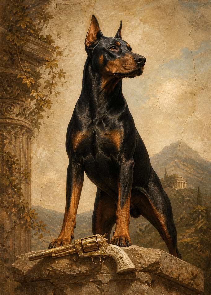 Doberman Pinscher with Ornate Revolver