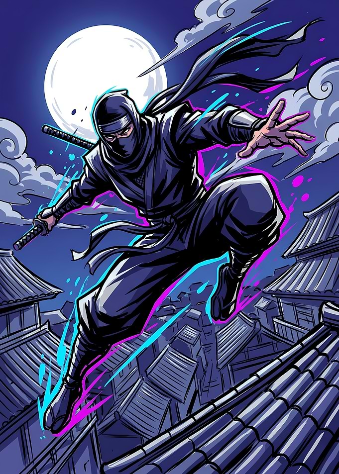 Night Ninja Leaping Across Rooftops