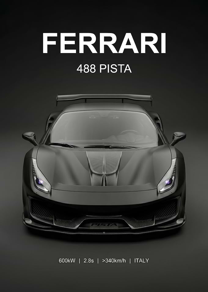 matte black Ferrari 488 Pista race car poster
