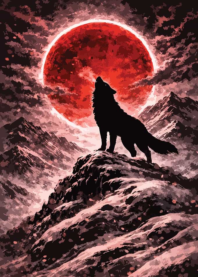 Wolf howling In Red Moon
