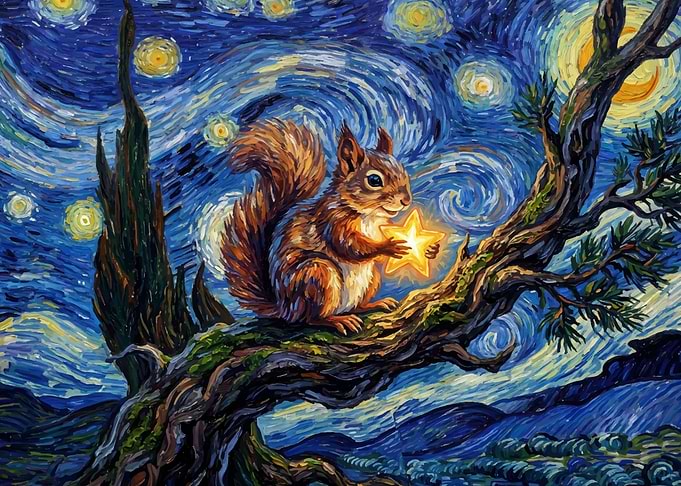 Squirrel Holding a Star in Starry Night